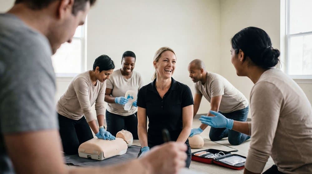 First aid instructor guiding students through CPR training
