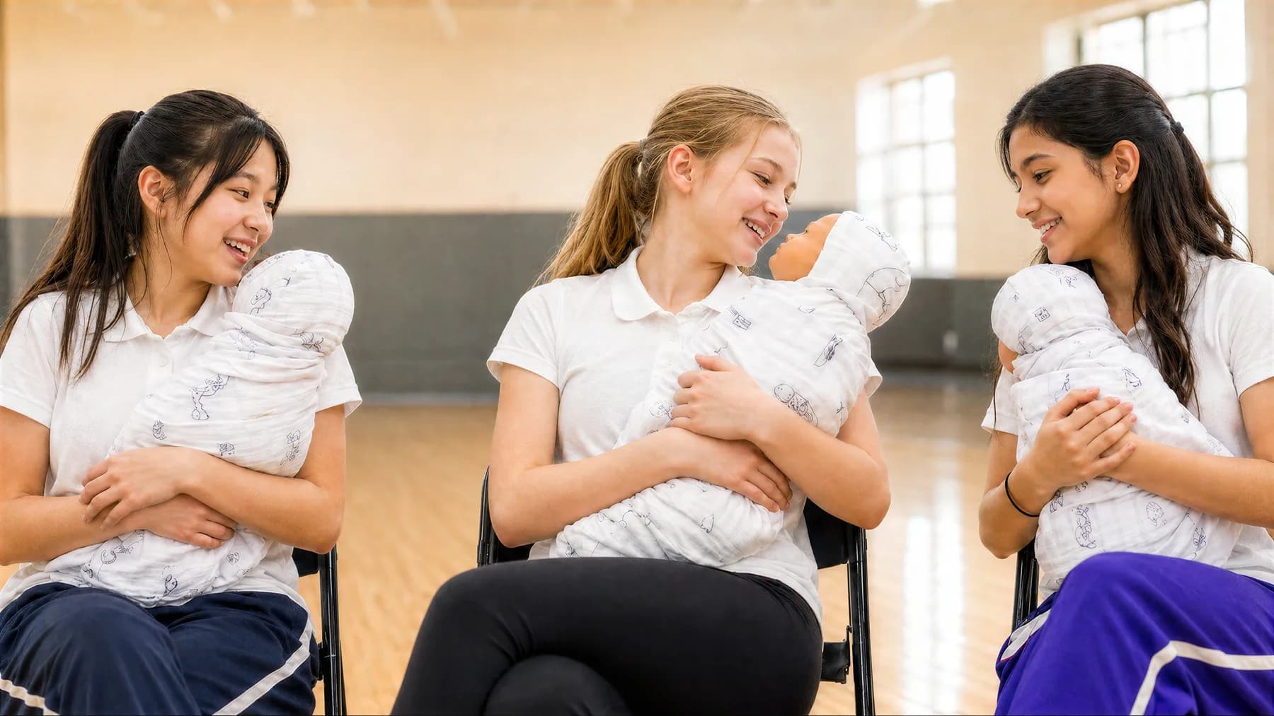 Teen learners practicing infant care in a babysitter course