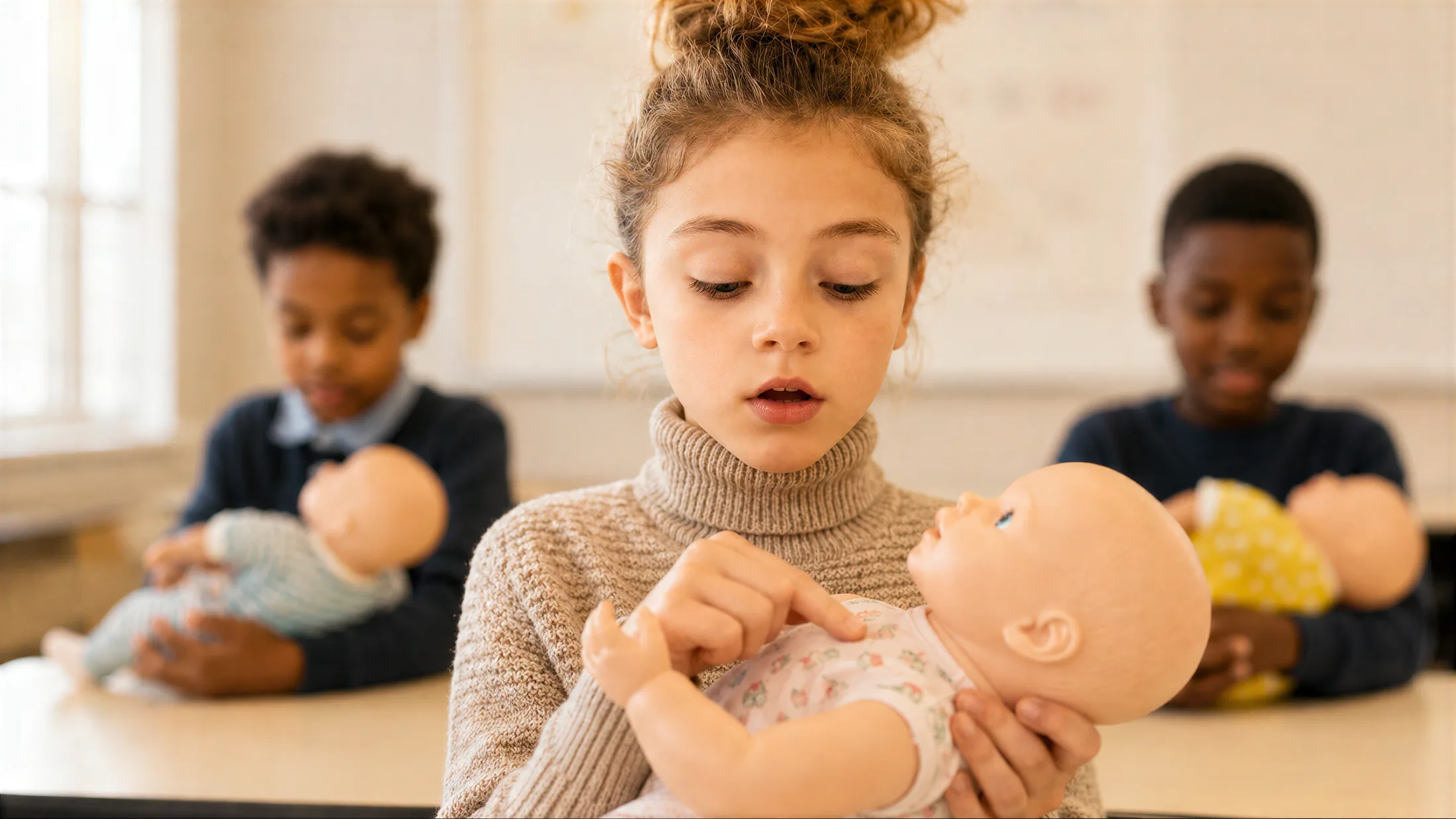 Youth practicing infant care skills with training dolls
