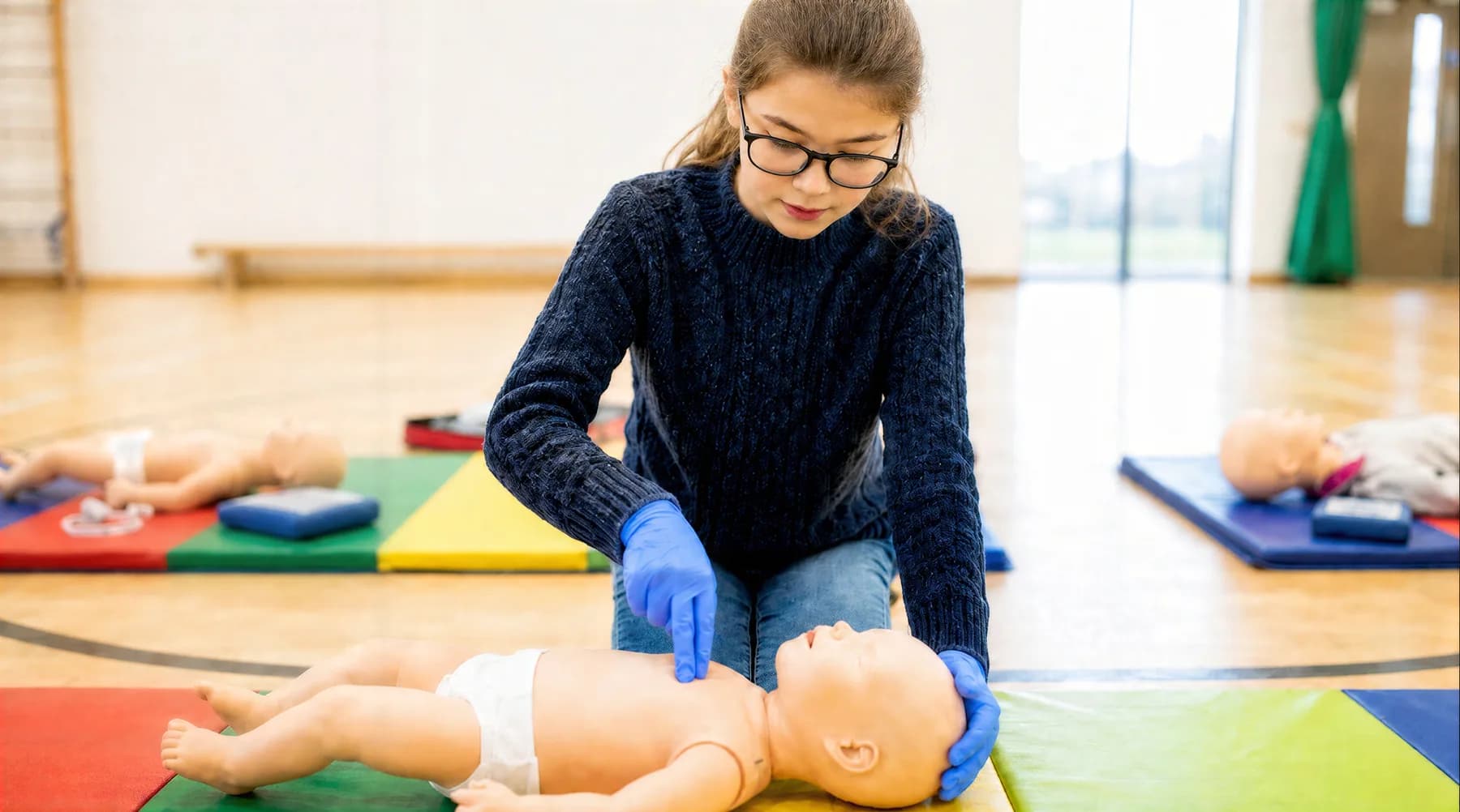 Youth practicing first aid skills with an infant training manikin