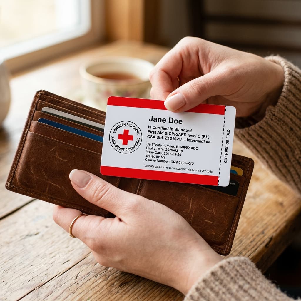 Canadian Red Cross certification card being placed in a wallet