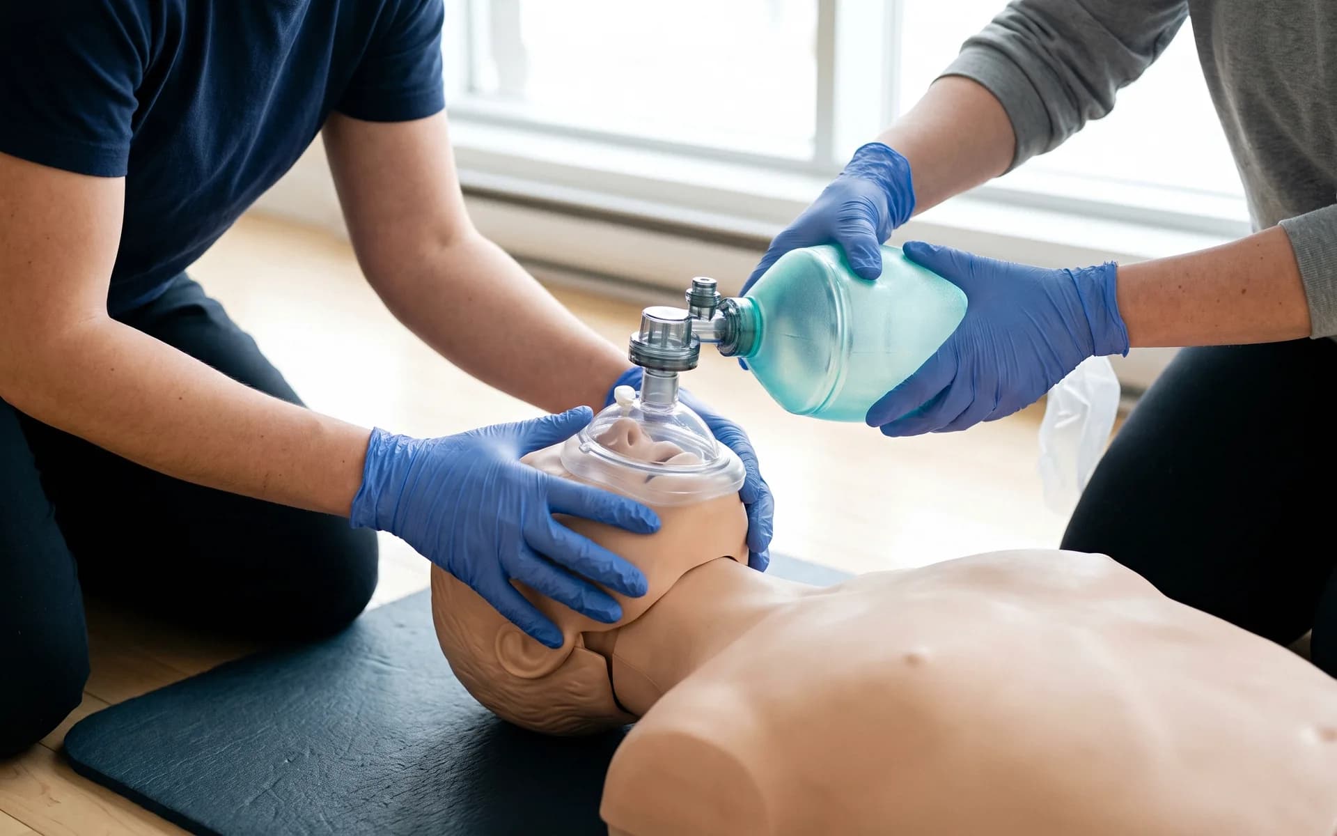 Two pairs of gloved hands at a manikin's head, one sealing a clear mask over its mouth and nose, the other squeezing a blue-green ventilation bag