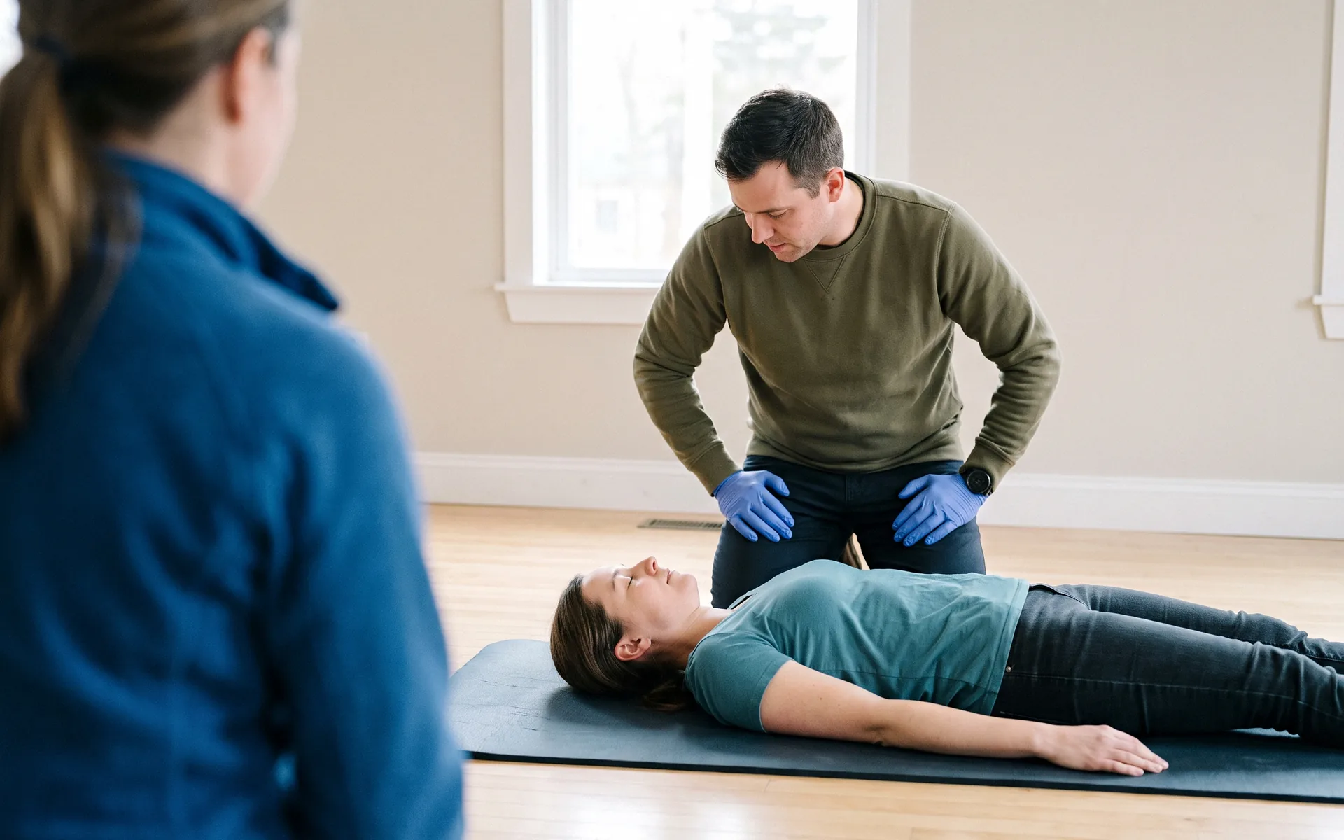 A learner kneeling upright at a lying partner's side, gloved hands on their own thighs, watching the partner's chest