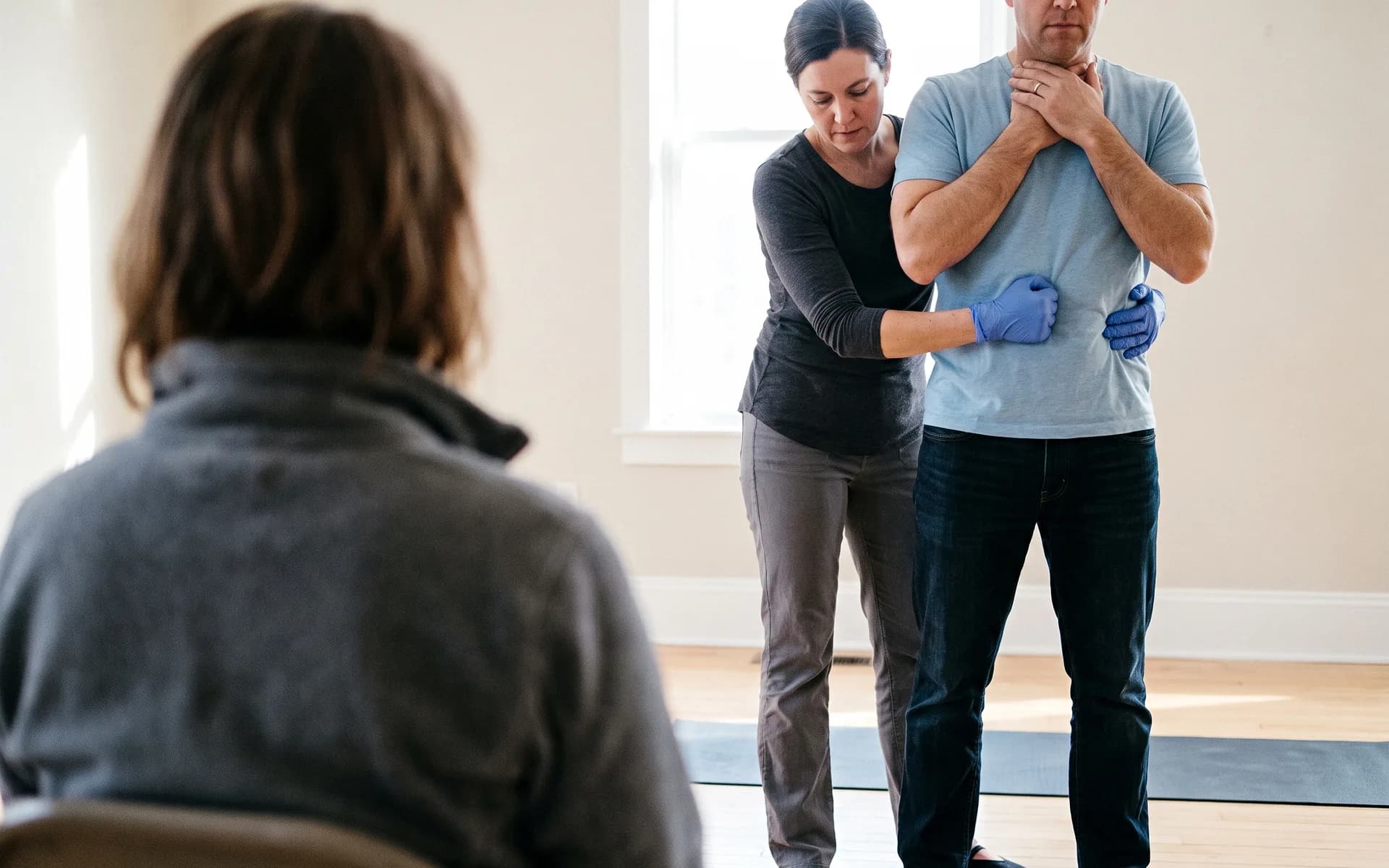 A learner standing behind a partner, gloved fist horizontal above the navel and the other hand over it, both looking down, a classmate's shoulder blurred at the edge