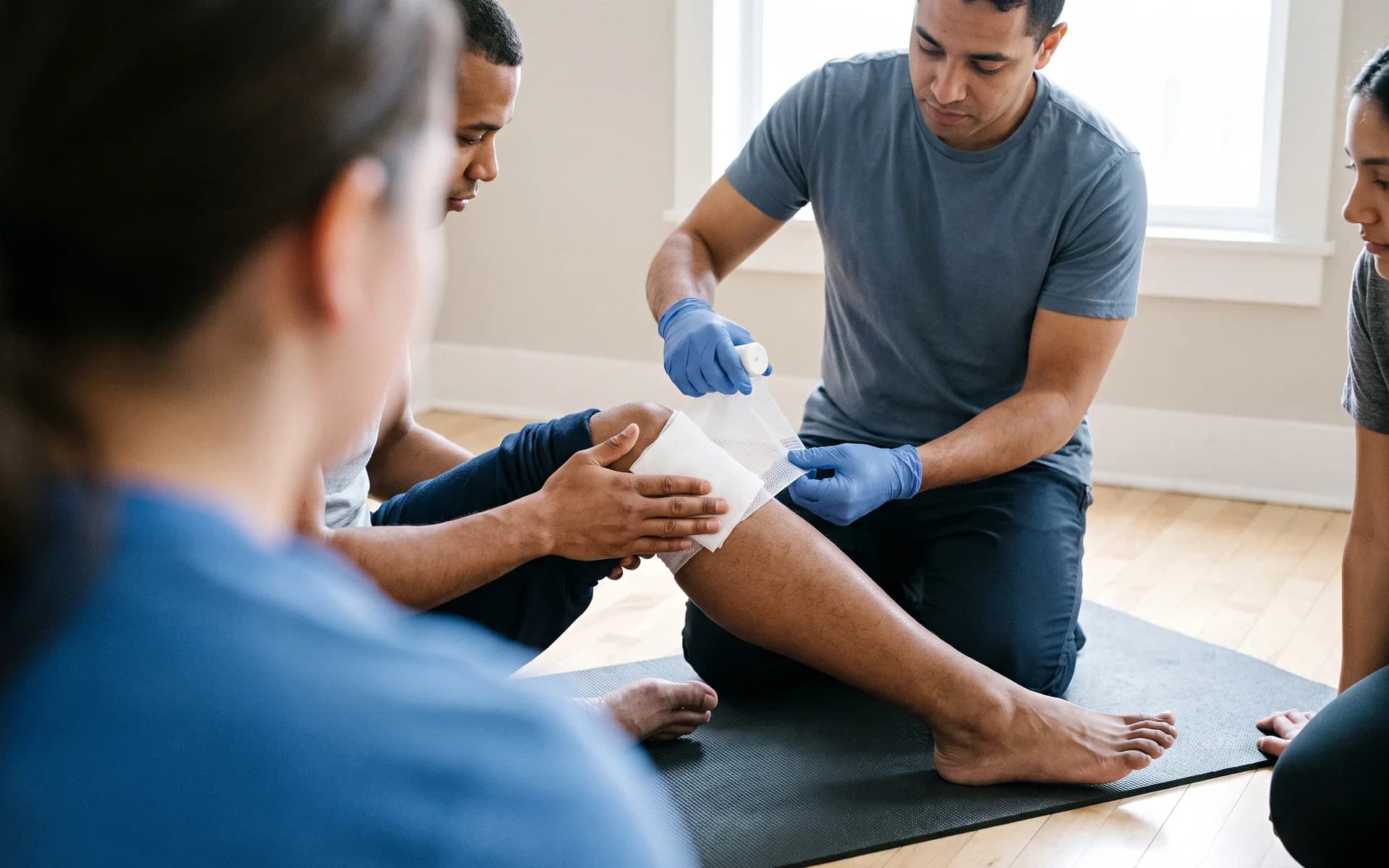 A learner winding roller gauze over a gauze pad on a seated partner's knee while a third learner watches, seen past a classmate's shoulder
