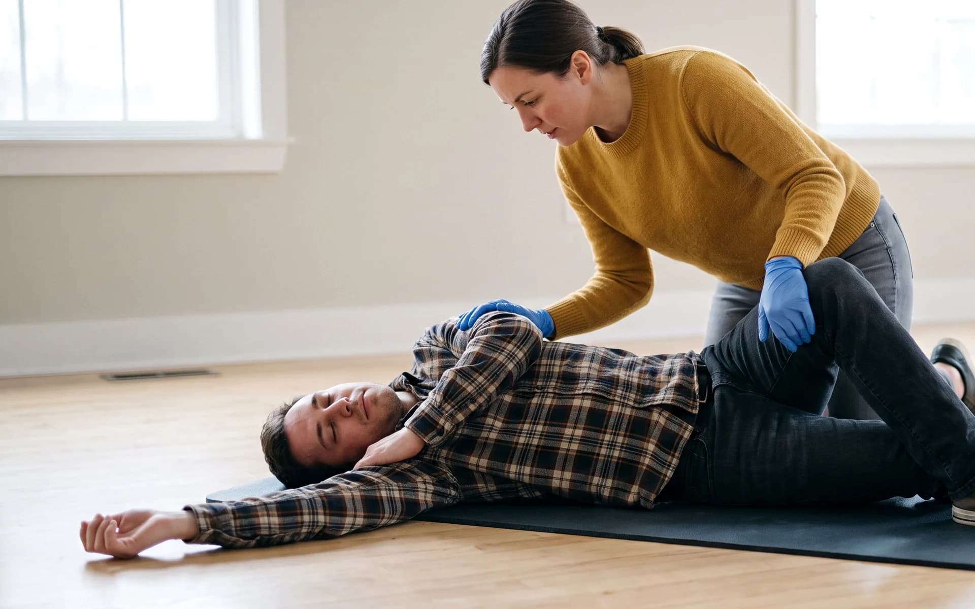 A learner kneeling over a partner lying on a mat, one gloved hand on the partner's shoulder and the other on the bent knee, about to roll them onto their side