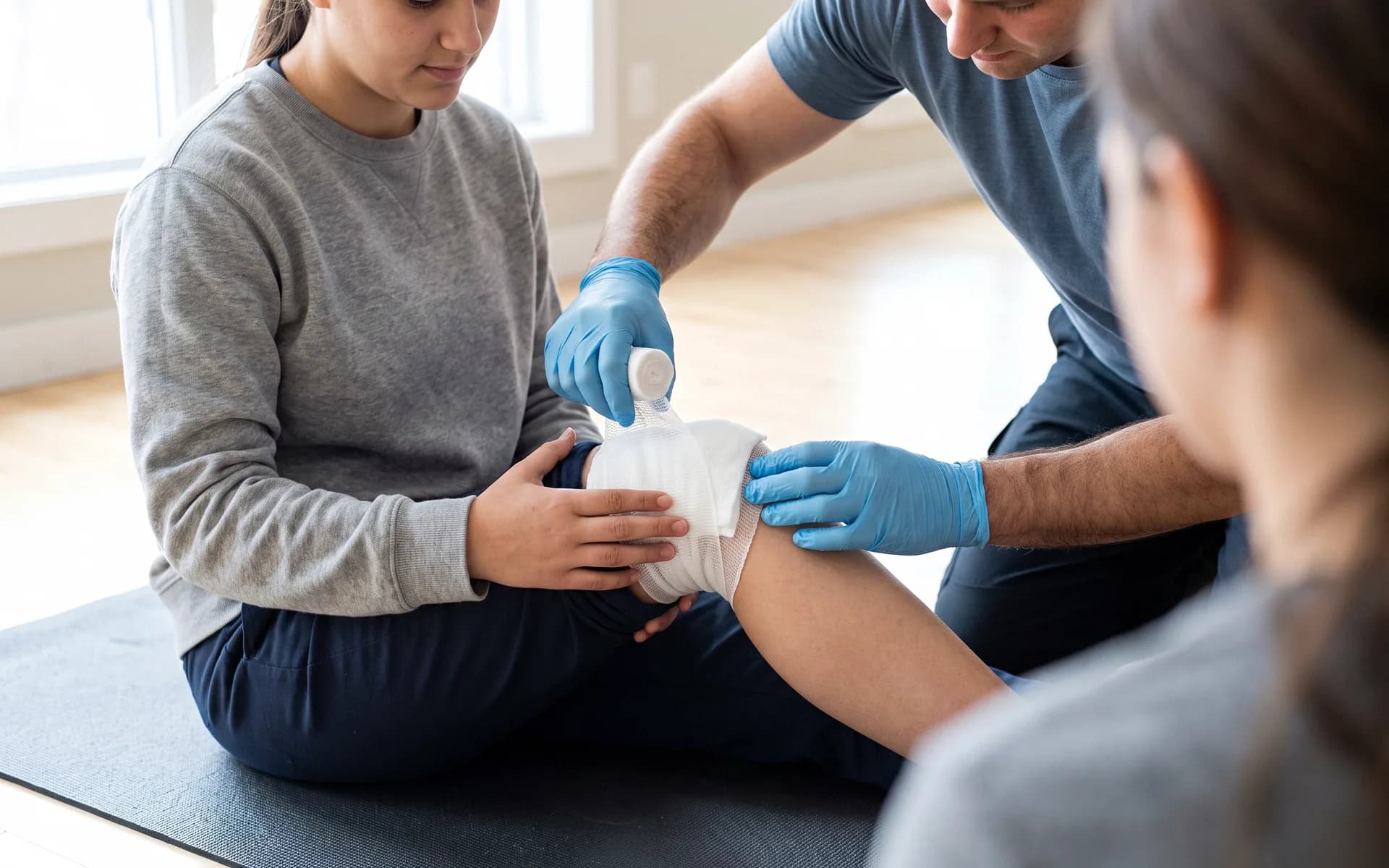 A seated learner holding a gauze pad against her knee while a partner's gloved hands wrap roller gauze over it, the camera at knee height