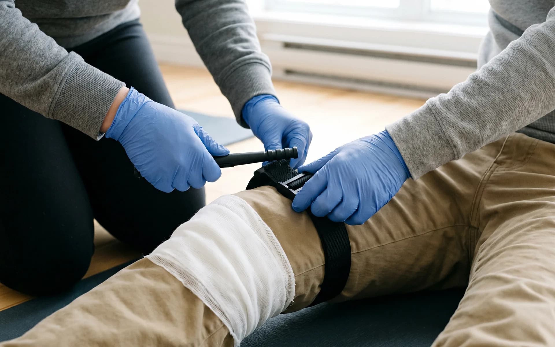 Three gloved hands at a black windlass tourniquet strapped around a partner's upper thigh above a gauze-wrapped knee, one hand turning the rod