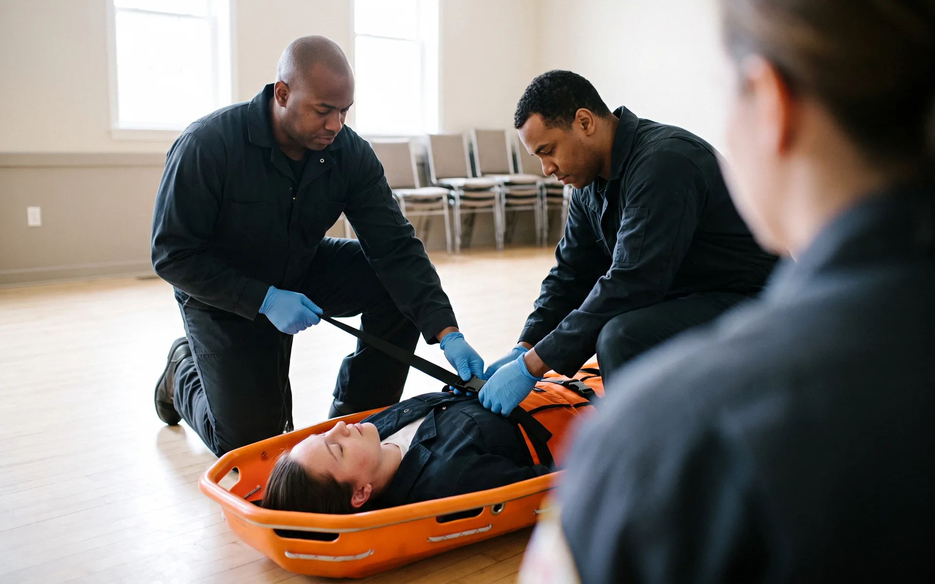 Two learners in dark coveralls kneeling either side of an orange basket stretcher, pulling a chest strap taut across the casualty lying in it