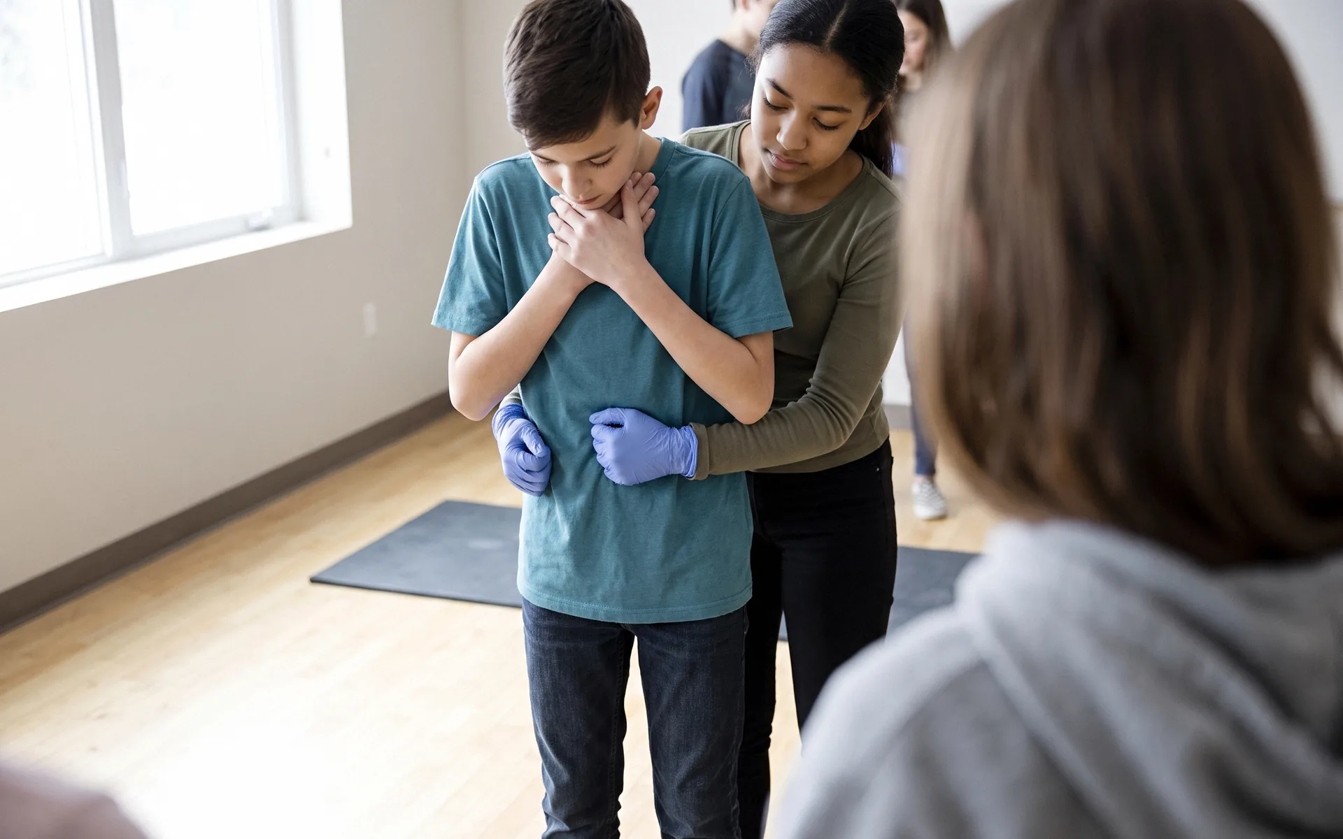 A teenager standing behind a classmate who holds both hands to the throat, the rescuer's gloved hands wrapped around the classmate's waist