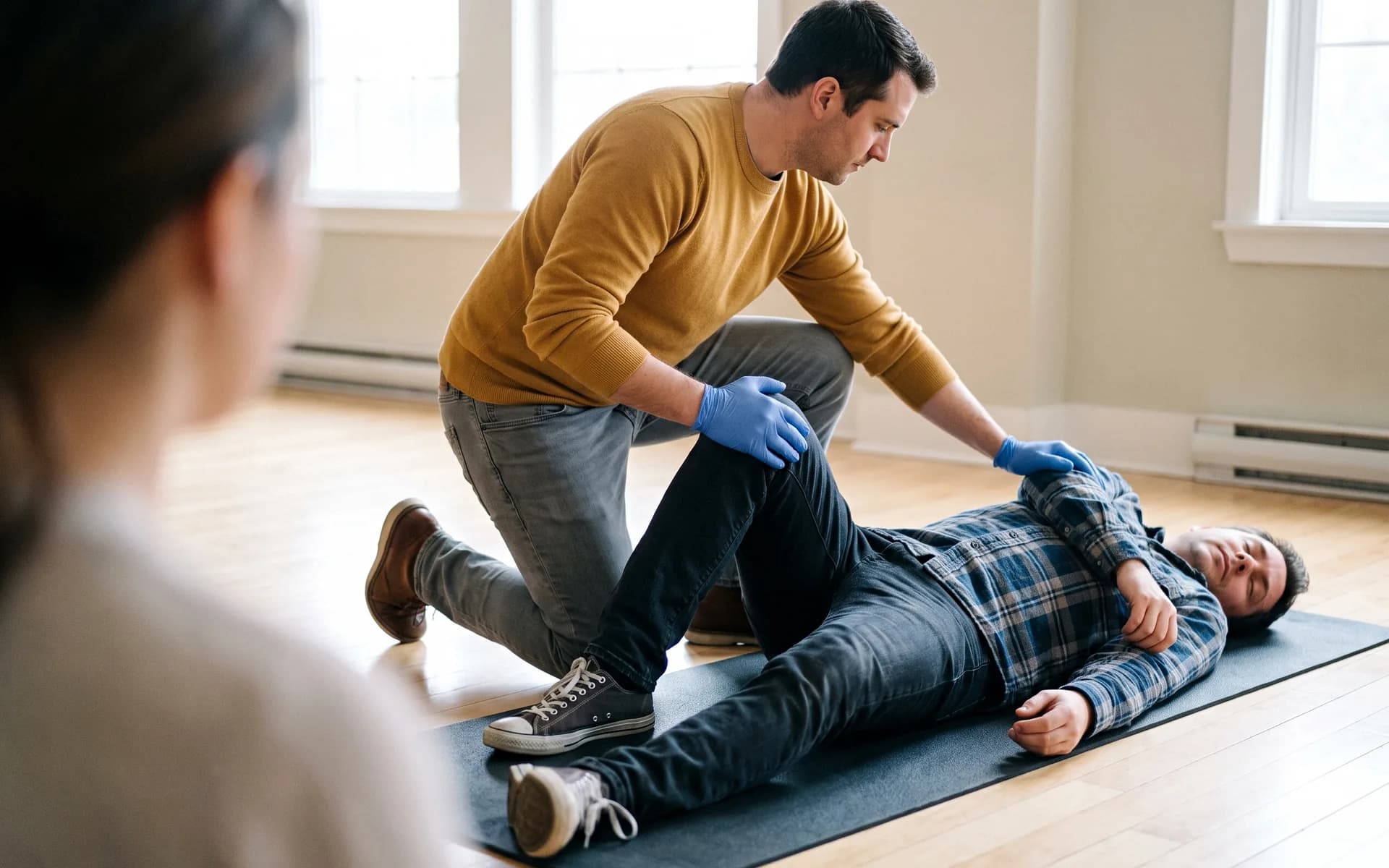 A learner on one knee beside a partner lying on a mat, one gloved hand on the partner's bent knee and the other at the far shoulder, the moment before the roll