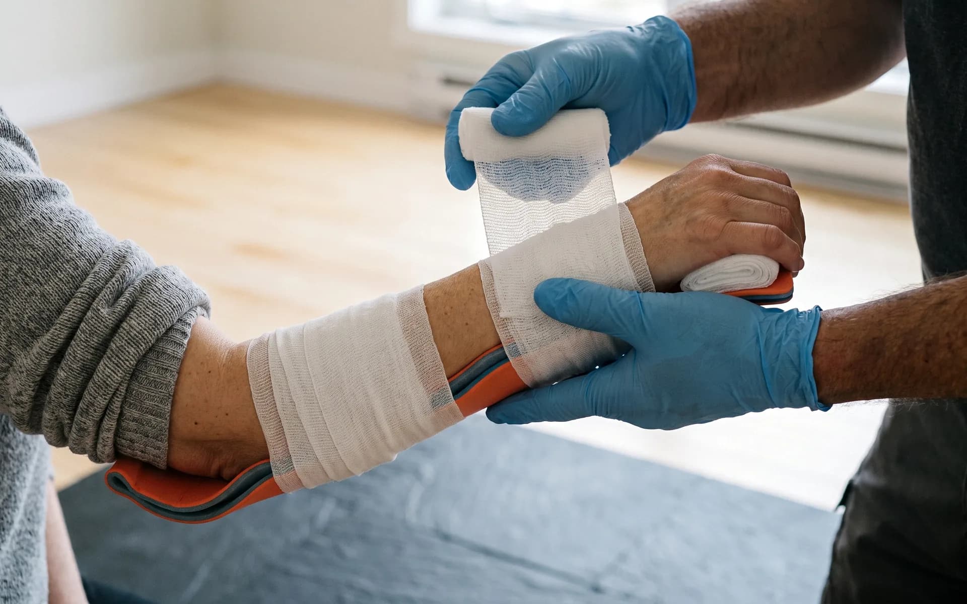 Gloved hands winding roller gauze over an orange padded splint folded along a partner's forearm