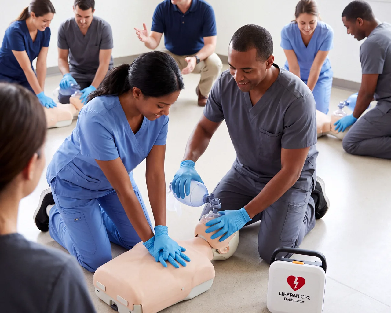 Two learners in scrubs working one CPR manikin, one on compressions and one squeezing a bag-valve-mask, a LIFEPAK CR2 on the floor beside them