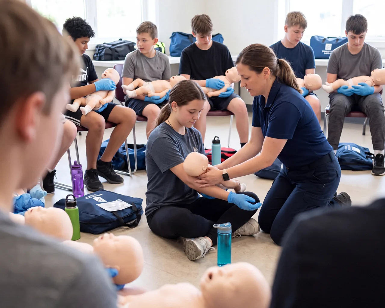 Teenagers seated in a circle each holding an infant manikin while an instructor kneels to guide one of them