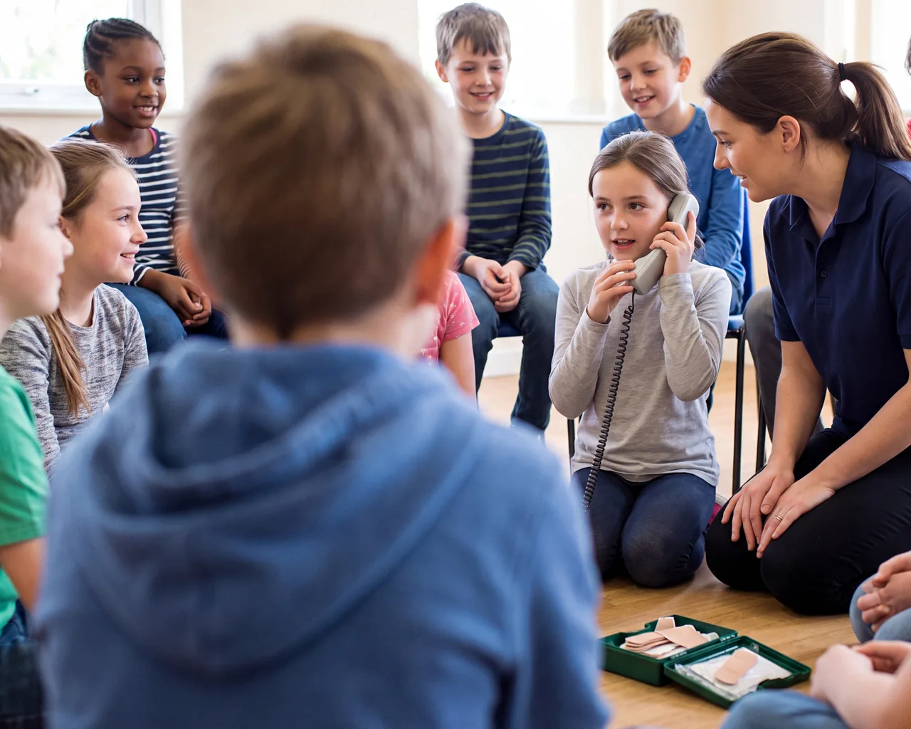 A child holding a telephone handset to her ear while an instructor and the other children watch her make the call