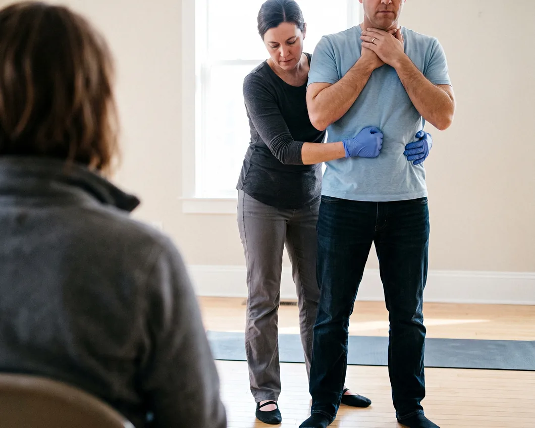 A learner standing behind a partner, gloved fist horizontal above the navel and the other hand over it, both looking down, a classmate's shoulder blurred at the edge