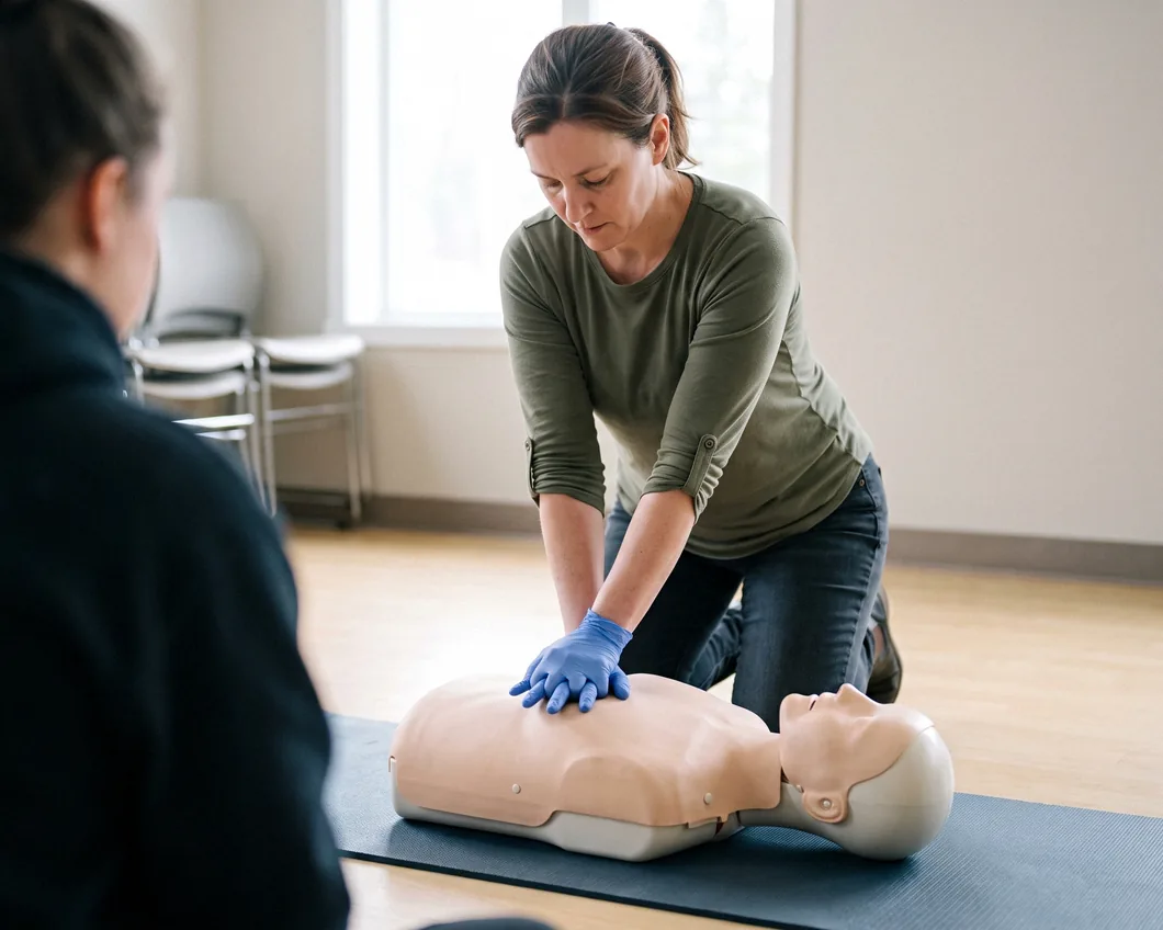 A learner kneeling beside an adult CPR manikin, arms straight and gloved hands stacked on its chest, seen past a classmate's shoulder