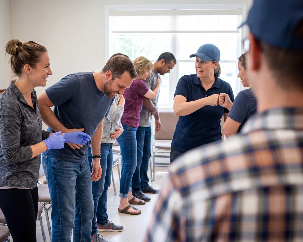 Learners standing in pairs practising abdominal thrusts, one partner behind the other, while an instructor shows the fist