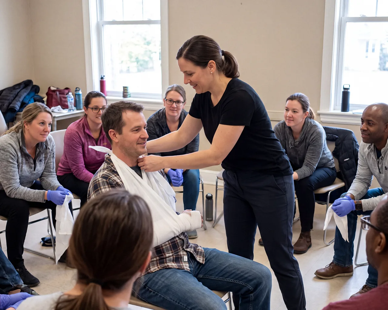 An instructor tying a triangular-bandage sling on a seated learner while the class watches from a circle of chairs