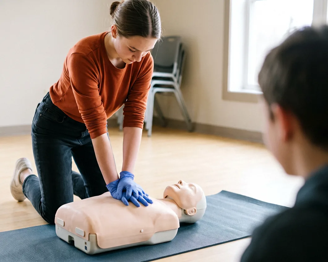 A teenager kneeling beside an adult CPR manikin on a mat, arms straight and gloved hands stacked on its chest, a classmate watching from the edge of the frame