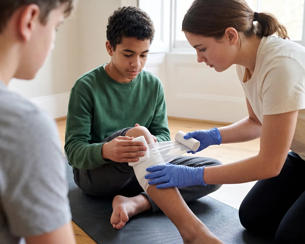 A teenager in blue gloves winding roller gauze over a gauze pad on a seated classmate's knee, a third classmate watching from the edge of the frame