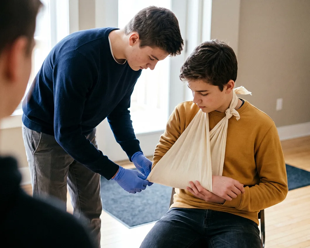 A teenager tucking the point of a cream triangular-bandage sling at a seated classmate's elbow, the classmate looking down at the slung arm