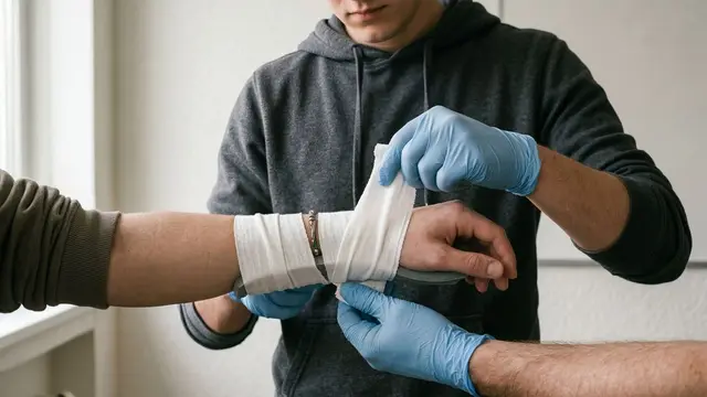Hands practising a bandage on a learner’s forearm